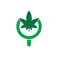 hennep zoeken logo ontwerp vector sjabloon. marihuana blad en loupe logo combinatie. hennep en vergroten symbool of icoon.