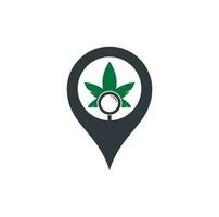 hennep zoeken kaart pin vorm logo ontwerp vector sjabloon. marihuana blad en loupe logo combinatie. hennep en vergroten symbool of icoon.