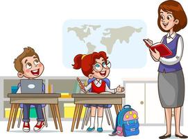 gelukkig schattig weinig kinderen jongen en meisje studie met leraar.illustraties van vrolijk kinderen school- leven. vector