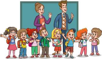 gelukkig schattig weinig kinderen jongen en meisje studie met leraar.illustraties van vrolijk kinderen school- leven. vector