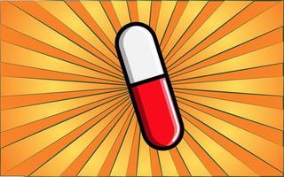 medisch farmacologische rood en wit ovaal genezing capsule capsule, geneeskunde voor Gezondheid zorg Aan de achtergrond van abstract geel stralen. vector illustratie