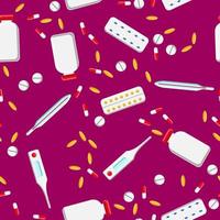 medisch naadloos patroon, structuur van geneeskrachtig farmaceutisch pillen, blikjes, capsules, vitamines, drugs, platen, antibiotica, vis olie, thermometer geïsoleerd Aan een Purper achtergrond. concept Gezondheid zorg vector