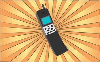 retro oud antiek hipster mobiel telefoon met een antenne van de jaren 70, jaren 80, jaren 90, jaren 2000 tegen een achtergrond van abstract geel stralen. vector illustratie
