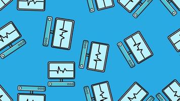 naadloos patroon structuur van eindeloos herhalende wetenschappelijk geneeskunde met een pulse en kardiogram van modern digitaal laptop computers met monitoren Aan een blauw achtergrond. vector illustratie