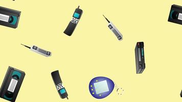 naadloos patroon van retro oud hipster elektronisch apparaten technologie computers cassettes plakband recorders mobiel telefoons van de jaren 70, jaren 80, jaren 90, jaren 2000 Aan een geel achtergrond vector