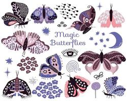 magie vlinders en motten. reeks van fantasie mystiek vliegend insecten met kleurrijk Vleugels. maan, sterren, ogen, bloemen. vector illustratie