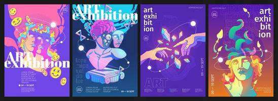 kunst tentoonstelling posters met retro zuur ontwerp vector
