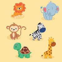 dier set. safari dieren. kinderen dieren. leeuw, olifant, aap, zebra, schildpad en giraffe vector