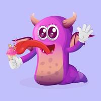 schattig Purper monster eten ijs room vector