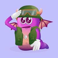 schattig Purper monster soldaat in groen uniform vector