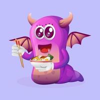 schattig Purper monster eten ramen vector