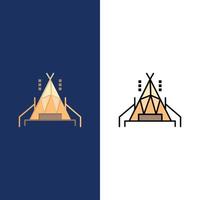 kamp tent camping pictogrammen vlak en lijn gevulde icoon reeks vector blauw achtergrond