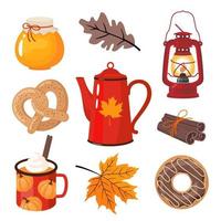 herfst elementen reeks - koffie pot, mok, krakeling, esdoorn- bladeren, geglazuurd donut, wijnoogst lantaarn. vector