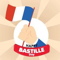 gekleurde gelukkig Bastille dag poster met hand- Holding vlag van Frankrijk vector illustratie