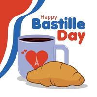 gekleurde gelukkig Bastille dag poster met koffie en croissant vector illustratie