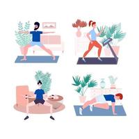 huis sport opleiding set. mensen geschiktheid werkzaamheid in kamer, vrouw en Mens aan het doen fysiek opdrachten yoga en gymnastiek Bij huis. vlak stijl sport illustratie. vector