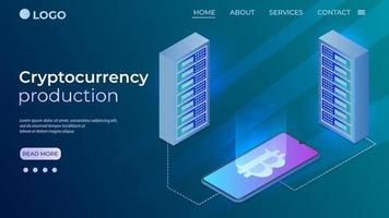 cryptogeld productieconcept van bitcoin mijnbouw.elektronisch cryptogeld ruil.gebruiken van modern technologieën.de sjabloon van de landen pagina.isometric vector illustratie.