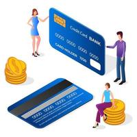 mensen en credit kaarten.concept van online betalingen en geld overboekingen.clearing nederzetting.isometrisch vector illustratie.