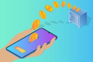 online bankieren.a persoon is verloofd in bank operaties gebruik makend van een toepassing Aan een smartphone.de concept van modern technologieën in de bank sector.isometrisch vector illustratie.