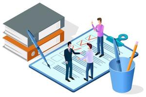 bedrijf onderhandelingen.a geslaagd transactie van vennootschap de concept van ondertekening de contract.zakenlieden zijn onderhandelen.isometrisch vector illustratie.