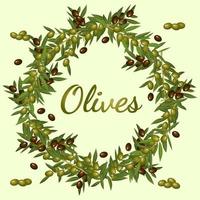 een krans van olijf- takken.realistisch takken en fruit van een olijf- boom gestapeld in een krans.groen en zwart olijven.plat vector illustratie.