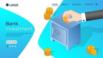 de bank investering.de hand- dat gooit munten in de veilige.bank investeringen.de concept van spaargeld deposito's, storting rekeningen en bank operaties.isometric vector illustratie