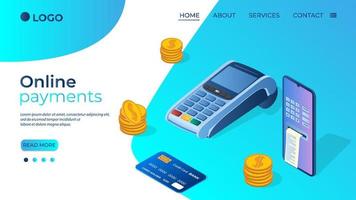 online betalingen.betaling gebruik makend van een betaling terminal en smartphone.concept van online betalingen transfers en aankopen.isometrisch vector illustratie.