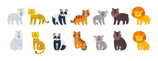 wild dieren set. luipaard, leeuw, tijger, beer, panda en koala geïsoleerd in wit achtergrond. vector illustratie in vlak stijl