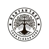 banyan boom logo ontwerp sjabloon. cirkel postzegel stijl logo. boom illustratie vector