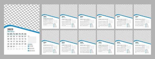 muur kalender ontwerp 2023. maandelijks kalender 2023. 12 maanden. bewerkbare kalender bladzijde sjabloon vector