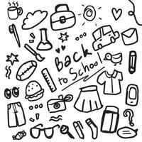 reeks van terug naar school- hand- getrokken doodles geïsoleerd Aan wit achtergrond. potlood, verf, bus, heerser, rubber gom. vector illustratie