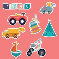 een reeks van stickers voor kinderen speelgoed. auto, boot, muis, fiets, musical instrument vector