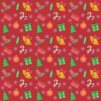 patroon Kerstmis naadloos Aan rood achtergrond. klok, geschenk, speelgoed, Kerstmis boom. vector