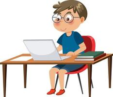 een jongen zittend in voorkant van laptop vector