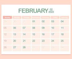 kalender voor jaar 2023. februari. kantoor zakelijke ontwerper sjabloon in pastel kleuren. muur of bureaublad kalender bladzijde. minimalisme. week begint Aan zondag vector