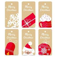 label of etiket voor Kerstmis geschenk decoratie. vrolijk Kerstmis geschenk etiketten en prijs tags voor winter uitverkoop boodschappen doen met sneeuwvlok, geschenk doos, heet drinken beker, rinkelen klok, de kerstman claus en Kerstmis bal. vector