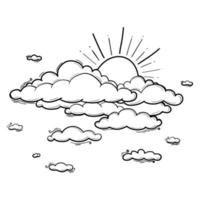 zon en wolk tekening in gravure schets stijl. vector illustratie