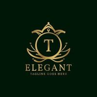 brief t elegant bladeren en kroon kam vector logo ontwerp