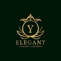 brief y elegant bladeren en kroon kam vector logo ontwerp