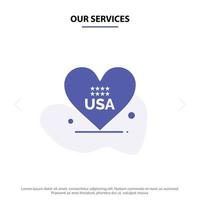 onze Diensten hart liefde Amerikaans Verenigde Staten van Amerika solide glyph icoon web kaart sjabloon vector