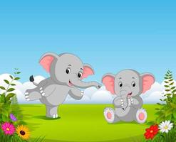 de natuurlijk visie met twee grijs baby olifant spelen samen in de tuin vector