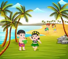 de mooi zomer seizoen in de strand met de kinderen gebruik makend van de Hawaii kostuum vector