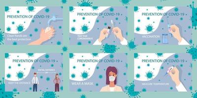 een reeks van posters over nemen voorzorgsmaatregelen gedurende de covid19 pandemie.concept van veiligheid en nakoming met beschermend maatregelen gedurende de epidemie van coronavirus en invloed hebben vector