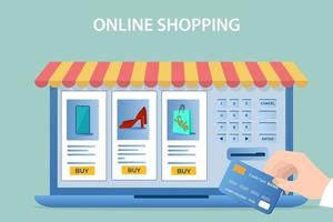 online winkel.mensen gebruik een credit kaart naar maken aankopen in een online winkel.de concept van online trading.flat vector illustratie.