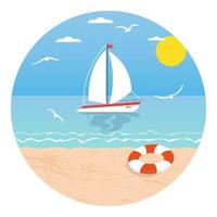 zomer logo met een het zeilen jacht en een reddingsboei Aan de strand. zomer strand illustratie. vector voorraad illustratie.