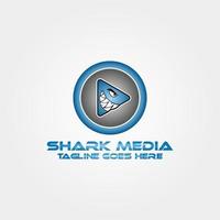 blauw boos haai Speel knop binnen cirkel tekenfilm stijl vector logo ontwerp voor multimedia op te slaan en app