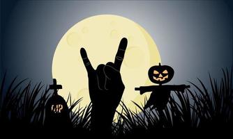 duivel toeter symbool komt tevoorschijn van de graf. rots duivel hand- symbool komt tevoorschijn in de buurt graf en de pompoen hoofd kruis Aan vol maan nacht van halloween. vector