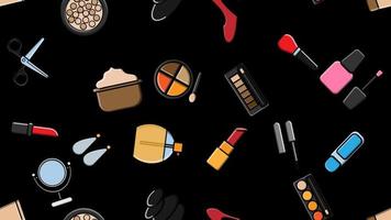 eindeloos naadloos patroon van mooi schoonheid items van vrouw glamoureus modieus poeders, lippenstiften, vernissen, crèmes, schoonheidsmiddelen Aan een zwart achtergrond. vector illustratie