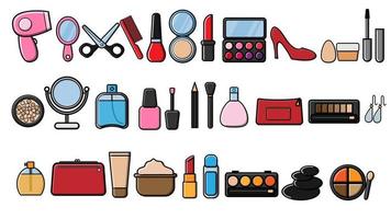 een reeks van mooi gekleurde vlak pictogrammen van items voor de begeleiding van schoonheid en bedenken cosmetica, crèmes, lippenstift, nagel Pools, schaar, poeder geïsoleerd Aan een wit achtergrond. vector illustratie