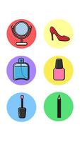 een reeks van zes ronde pictogrammen voor de feitelijk met mode items van de schoonheid industrie kunstmatig spiegel Dames schoen parfum nagel Pools oog voering Aan een wit achtergrond. vector illustratie
